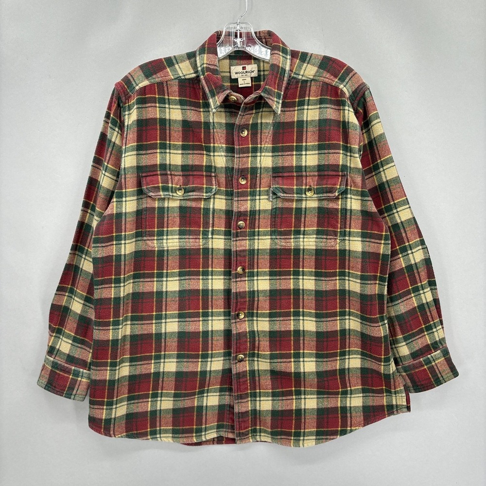 VTG‎ Woolrich Flannel Shirt Mens Large Red Green Plaid Button Front Long Sleeve